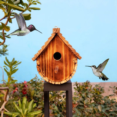 Maison d'oiseaux en bois brun rustique 7,9 po avec perchoir amovible et porte ventilée - boîte de nidification extérieure durable pour la cour et le patio