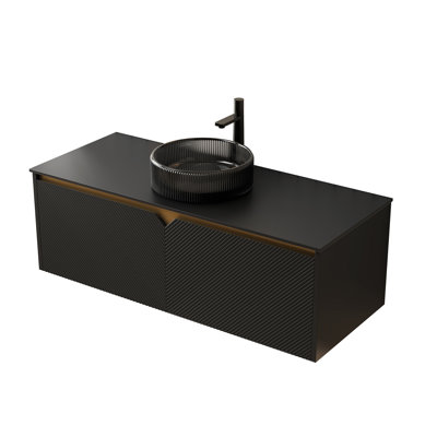 Meuble-lavabo de 48 po avec lavabo rond noir transparent, surface en pierre frittée, rangement mural en contreplaqué, portes doubles en bois massif sergé et garniture en métal, lavabo en verre à système de fermeture en douceur, comptoir