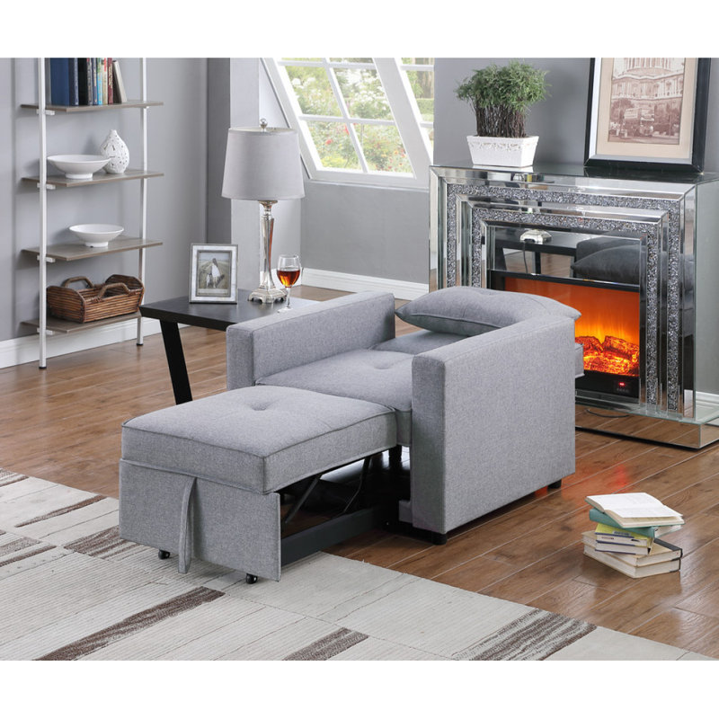 Zoey 33.25" Light Grey Linen Convertible Sleeper Chair With Side Pocket, Light Grey