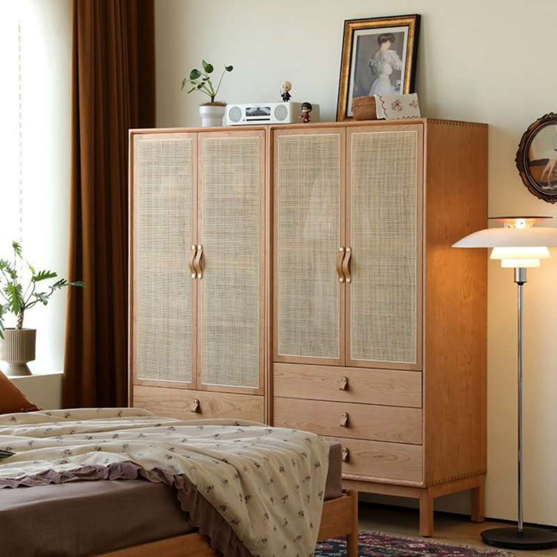 Simple Solid Wood and Rattan Woven Wardrobe