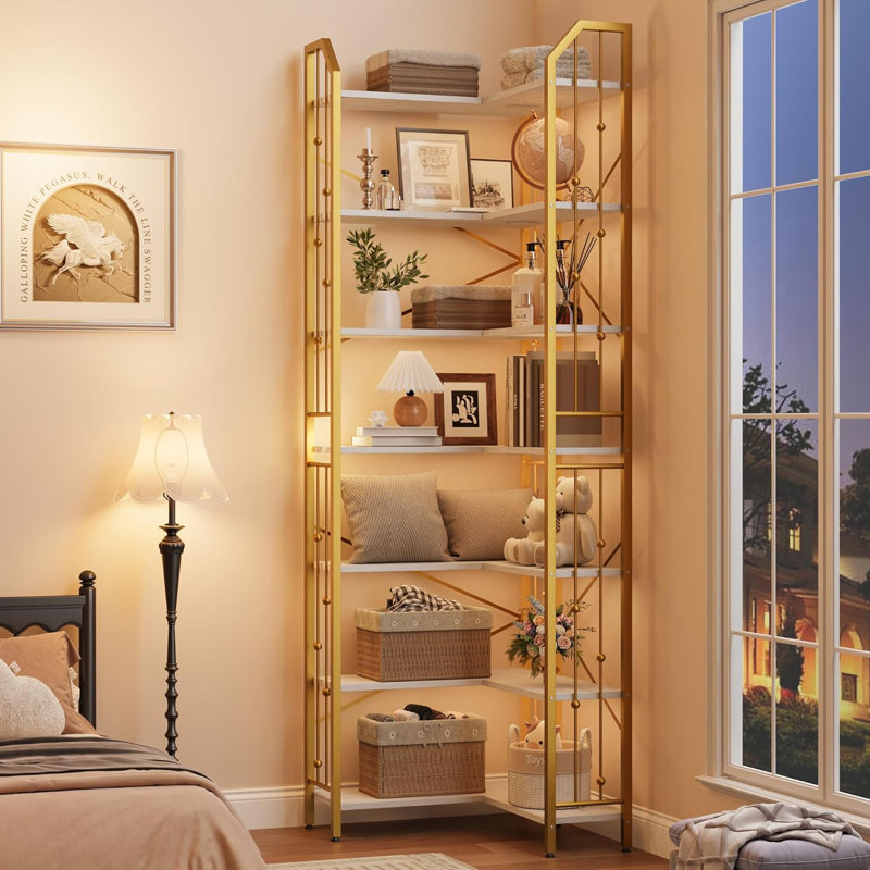 86" L Shaped Corner Bookshelf 7 Tier Industrial Bookcase Tall Display Shelf Storage Rack for Living Room Bedroom Home Office
