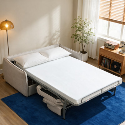 74" Modern Pull-Out Sleeper Sofa, 2-Seater Convertible Sofa Bed with Premium Memory Foam Mattress, Soft Beige Chenille Upholstery