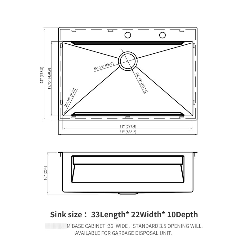 Évier de cuisine encastré 33 po - Station de travail à rebord en acier inoxydable de 33 po x 22 po avec insonorisation, drainage efficace, caractéristique T304 de qualité 22 * 33, drain lisse,