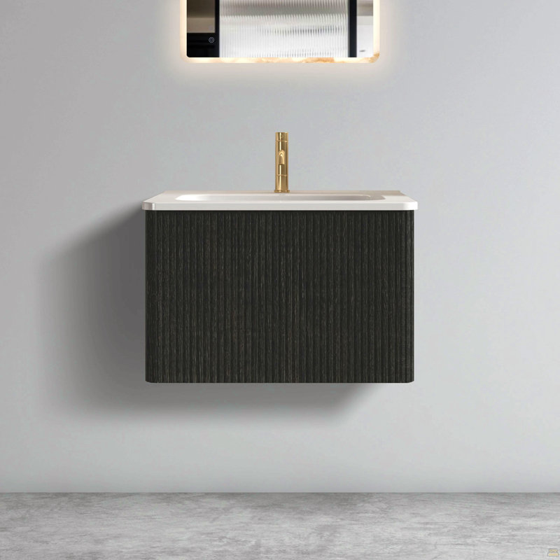 Meuble-lavabo flottant rayé en chêne noir brossé de 24 po avec lavabo en céramique blanche, meuble-lavabo une pièce sans drain, pré-assemblé