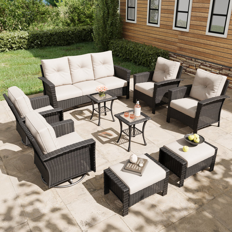 Lark Manor™ 9 Piece Wicker Patio Furniture Set, Classis Outdoor Conversation 360 Degree Swivel Chairs Set with Coffee Table