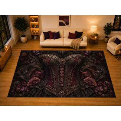 "Ultra Light Weight" Large 6'7" x 9'10" Victorian Corset Roses Gothic Area Rug for Living Room Bedroom Dining Area, Soft Low Pile Non-Slip Backing, Black Burgundy Steampunk Decor