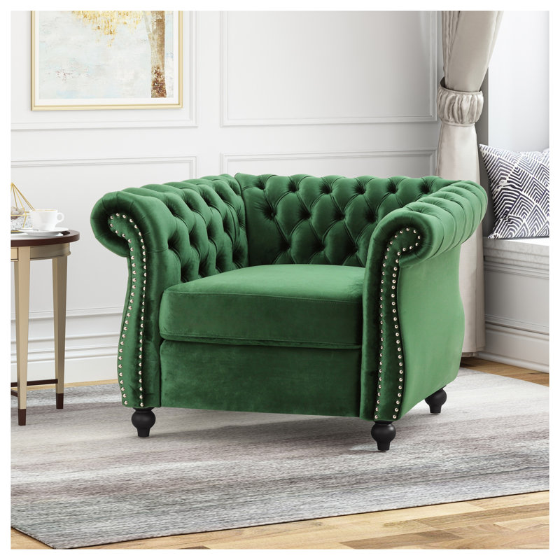 Fauteuil club Chesterfield en velours émeraude avec pieds en bois de bouleau, Green Velvet