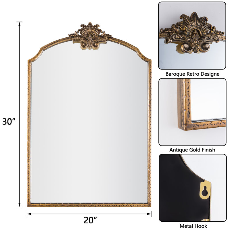 Lindon Arched Iron Wall Mirror, 30" x 20", Antique Gold