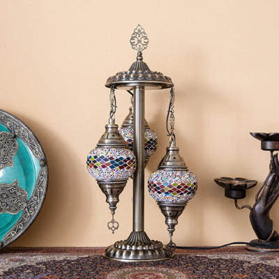 Handmade Turkish Mosaic Table Lamp With 3 Stained Glass Globes, Tiffany Style Accent Light For Bedroom & Living Room