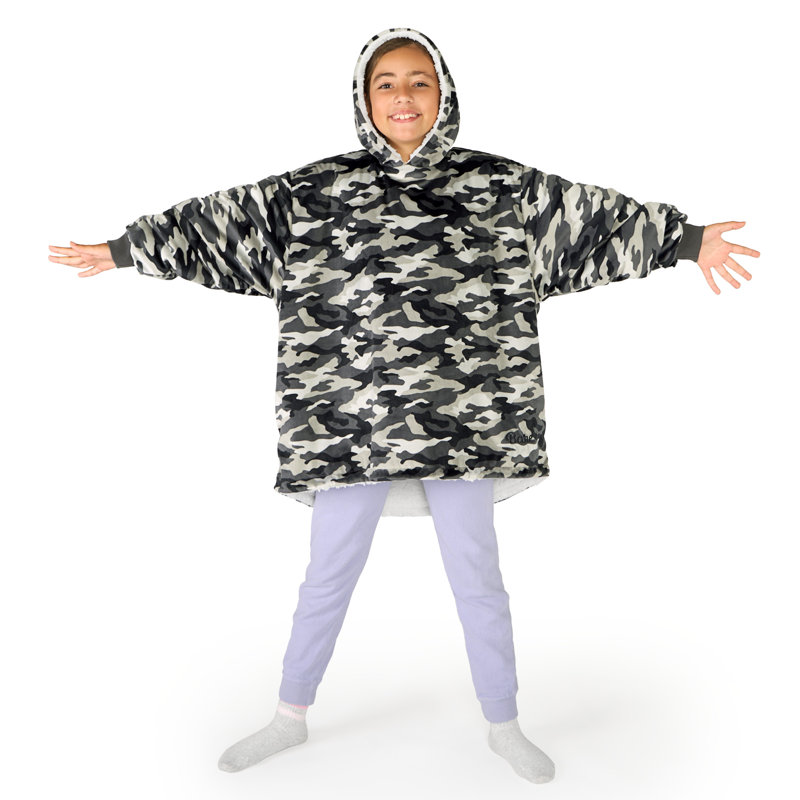 Couverture en sherpa à capuche portable, Camouflage - gris, Jeunesse