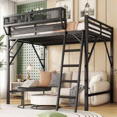Queen Size Loft Bed With Ladder, Metal Queen Loft Bed With Storage Shelves, High Loft Bed For Kids Teens