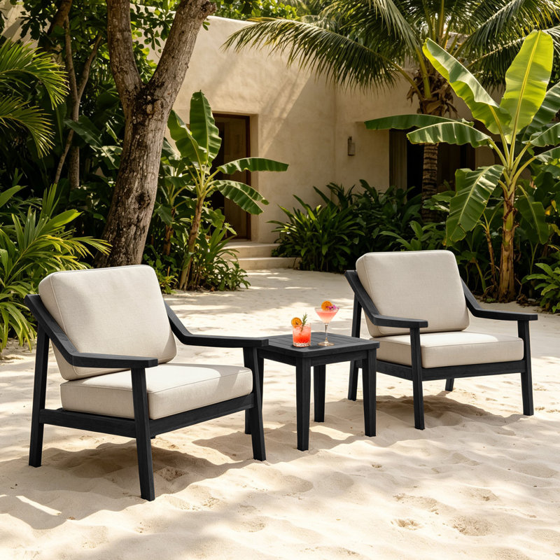 Ensemble de patio d'extérieur pour deux personnes en teck avec coussins et table d'appoint Marlo, Chameau clair, Noir