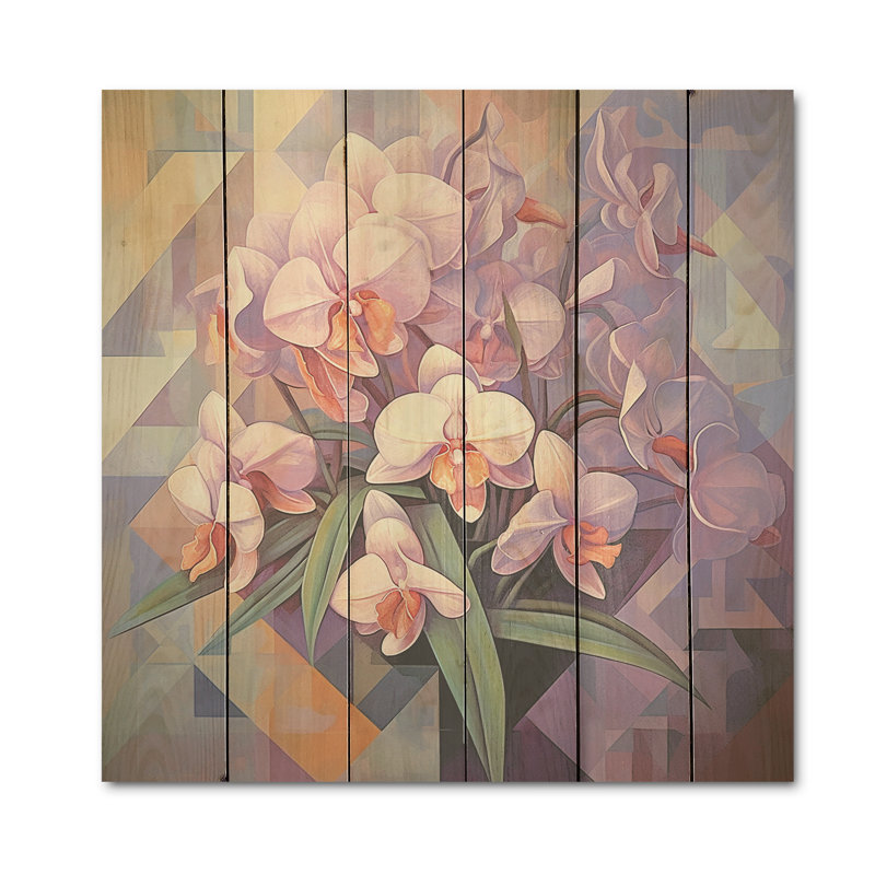 Élégante géométrie, bouquet mauve - Bouquet d'art mural en bois sur bois de pin naturel, H 25 po x l 25 po