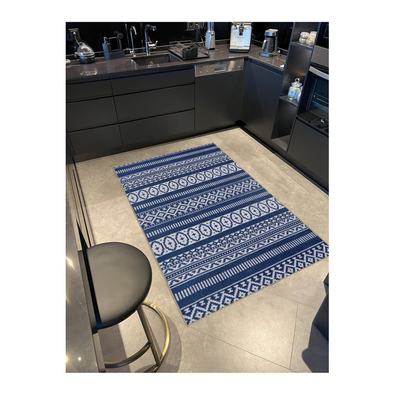 Tapis bleu délavé à motif géométrique mixte, Sous-tapis carré 3 pi 3 po inclus