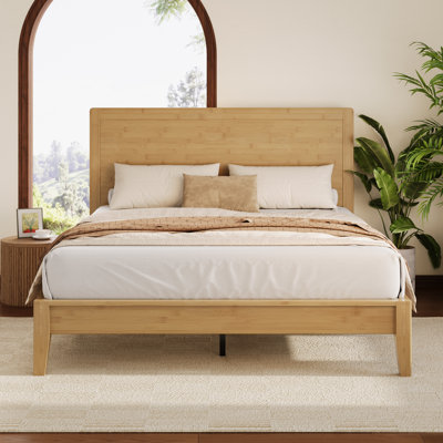 Handcrafted Japanese Joinery Solid Wood Platform Bed Frame with Headboard and Wooden Slats