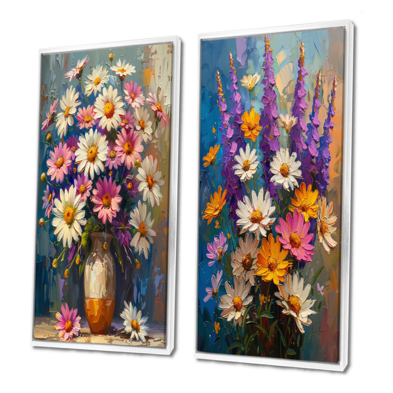 «Daisy Still Life Garden Collage I - Daisies», ensemble d'art mural 2 pièces, H 28 po x l 24 po, Impression encadrée, Blanc