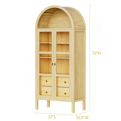 Armoire moderne arquée avec portes en verre, armoire de rangement de 72 po de hauteur à capteur automatique avec tablette réglable en hauteur et bibliothèque à 2 tiroirs en grain de bois de chêne original