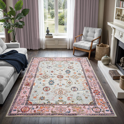 Collection traditionnelle GLN Rugs - tapis lavable à la machine, tapis traditionnel lavable, tapis lavable antidérapant, tapis de salon en chenille à poils courts, tapis de chambre à coucher, tapis de cuisine (tapis rose et gris)