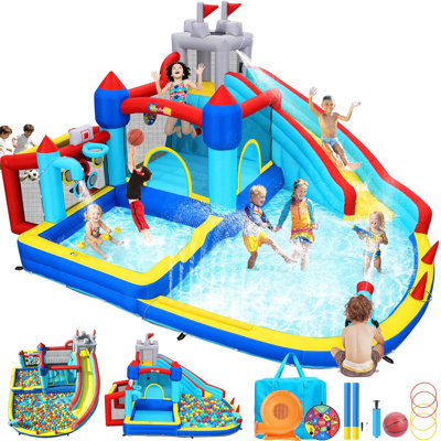 15' X 14.4' Large Inflatable Water Slide For Kids With 750W Blower, Bounce House Water Park With Long Slide & Large Splash Pool, Climbing Wall, Basketball Hoop,Jump Area, Climb Wall, Dart,For Summer Outdoor Fun Backyard Birthday Party