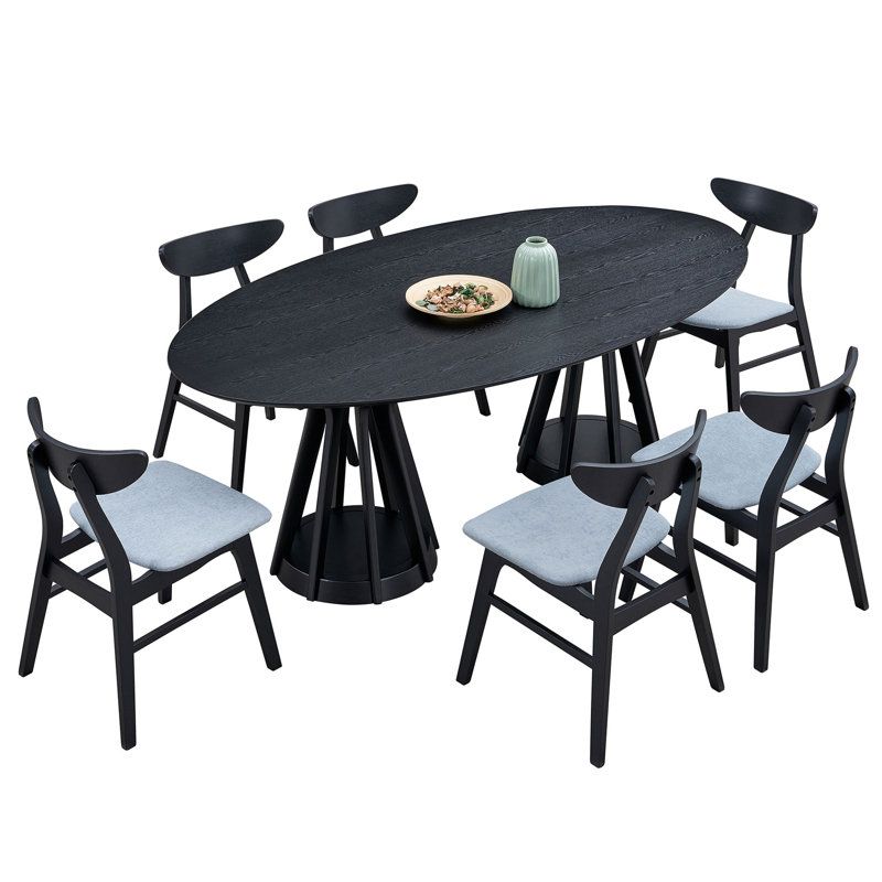 Ensemble de table de salle à manger moderne 78,74 pouces de 7 pièces, table en bois et chaises de salon, grande table de cuisine ovale pour restaurant, noir