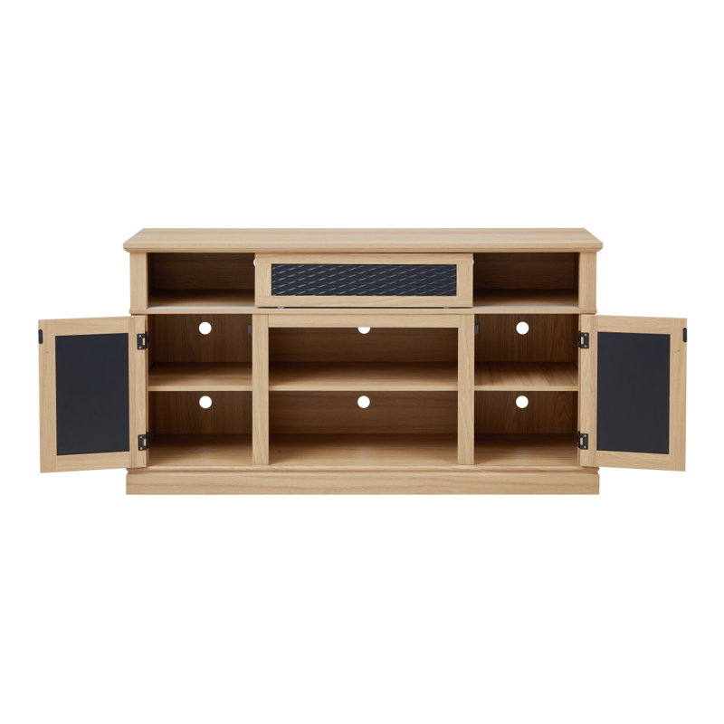 Meuble télé et console multimédia à motif en relief avec espace de rangement ouvert et fermé et porte coulissante