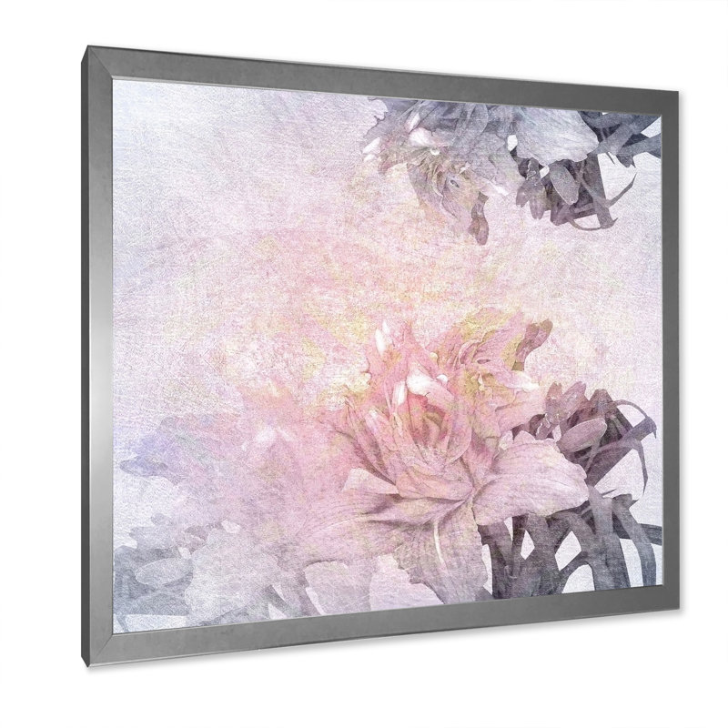 Fleurs roses rétro - peinture, Cadre photo argenté, H 36 po x l 36 po x P 1,5 po