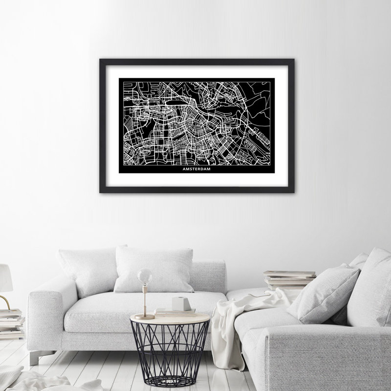 Amsterdam City Map 1 Piece Single Picture Frame Wall Art, 60cm H x 90cm W, Black