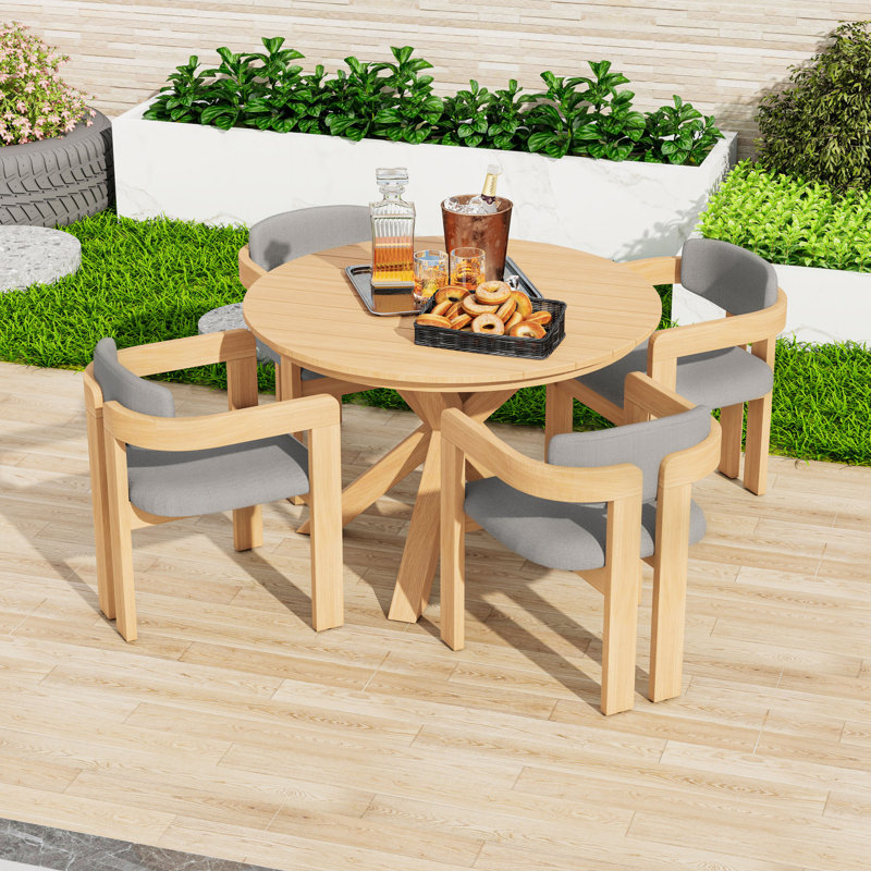 Ensemble de salle à manger 5 pièces pour l'extérieur en bois d'acacia avec table ronde et 4 chaises demi-tonneau, Gris