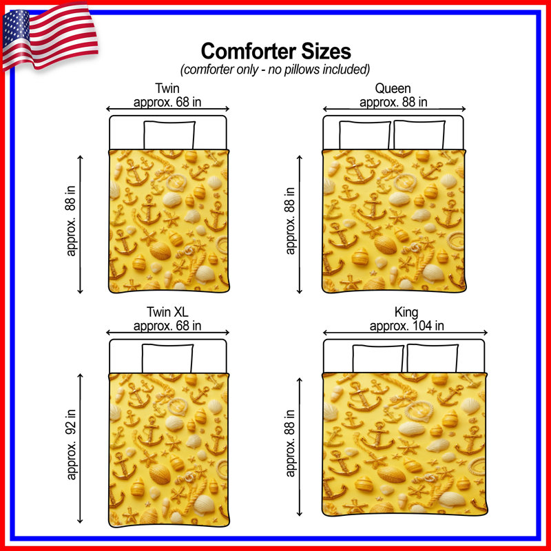 Yellow Nautical Anchors Seashells Comforter, King