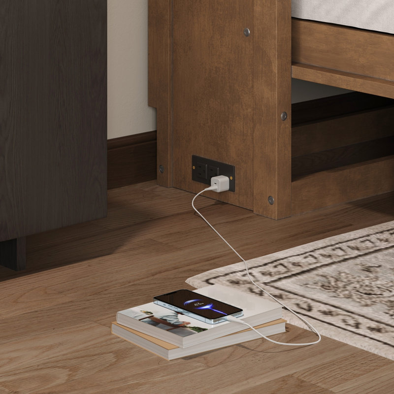 Lit simple de couleur bois avec fonction de charge, tiroir et compartiments de rangement, station de travail avec cadre en pin, 2 armoires, construction solide et fiable