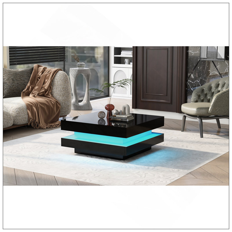 Design minimaliste ultrabrillant avec lumières DEL, table basse carrée à 2 niveaux, table centrale pour le salon, 31,5 po x 31,5 po x 14,2 po, noir