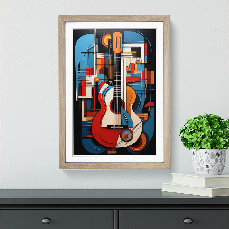 Guitar Constructivism No.2 - Single Picture Frame Print on Wood, Oak Framed, 46cm H x 34cm W