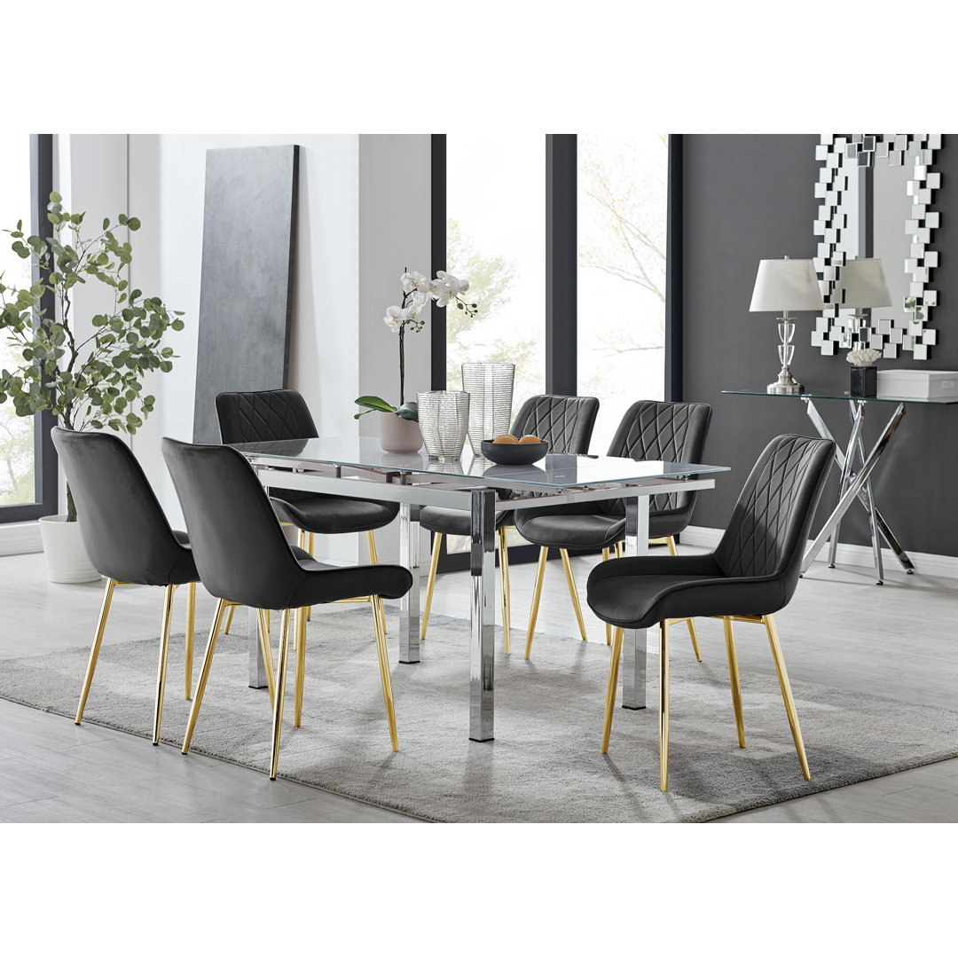 Tierra Modern Glass & Metal Extendable Dining Table Set & 6 Luxury Upholstered Velvet Dining Chairs East Urban Home Chair