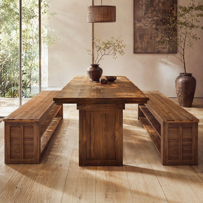 Banc de salle à manger en bois avec tablette de rangement ouverte
