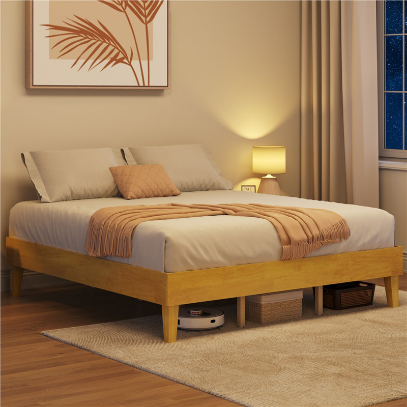 Multi-sized Wooden Platform Bed Frame with Sturdy Slat Support, Natural Wood, King