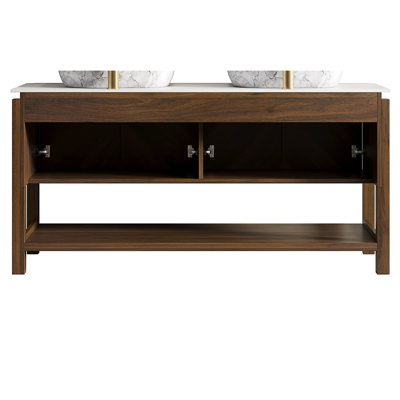 Dark Walnut 60'' Freestanding Cabinet With 4 Doors And Open Shelf, White Sintered Stone Top, Waterproof, Scratch - , Plywood, 3d Made Door Panels, For Bathroom Storage Management , Multi Layer Solid