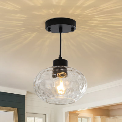Adjustable Height Matte Black Hammered Drum Glass Pendant Light