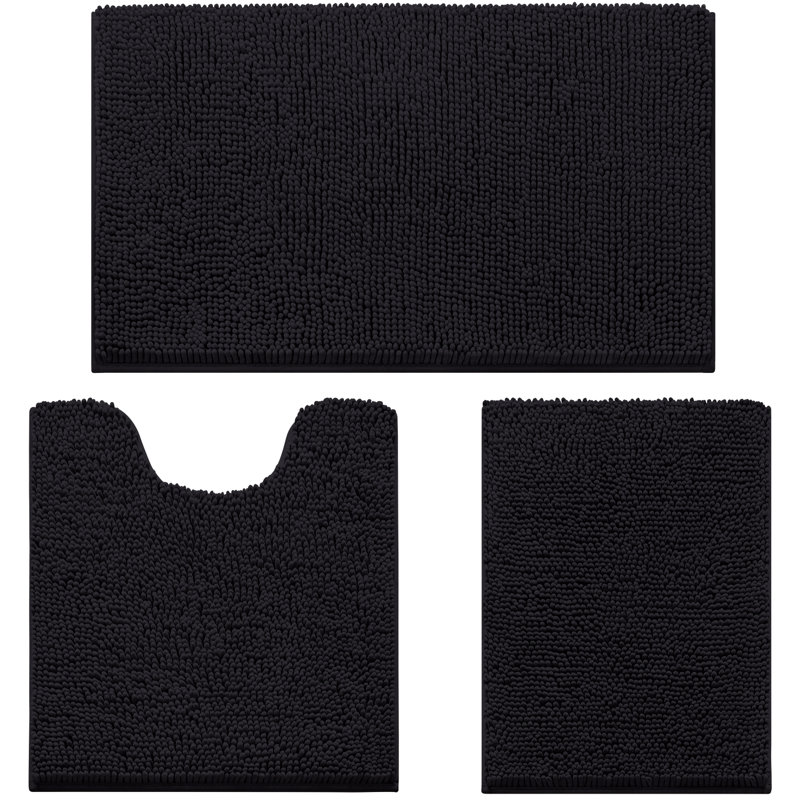  Ensemble de 3 tapis de salle de bain, tapis de bain en chenille ultra doux et antidérapant (noir, 17 po x 24 po + 20 po x 32 po + forme en U 20 po x 24 po)