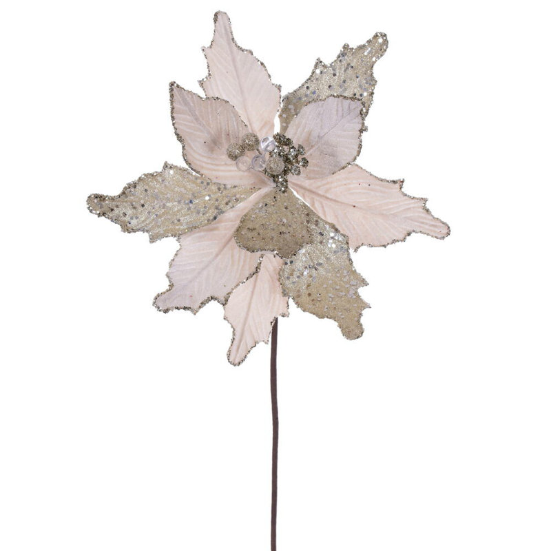 Tige de poinsettia en sucre or rose 11,5 po x 20 po Primrue Il comprend trois pièces par sac., Crème, crème