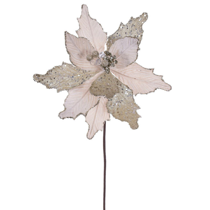 Vickerman 11.5" x 20" Velvet Sugar Poinsettia Stem. It includes three pieces per bag., Cream