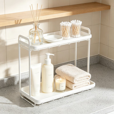 Counter Organizer for Bathroom, Kitchen or Coffee Bar, 2-Tier Metal Shelf with Faux Marble Tray, Vanity Makeup Storage, Dresser Perfume Display Rack, Toilet Tank Tray
