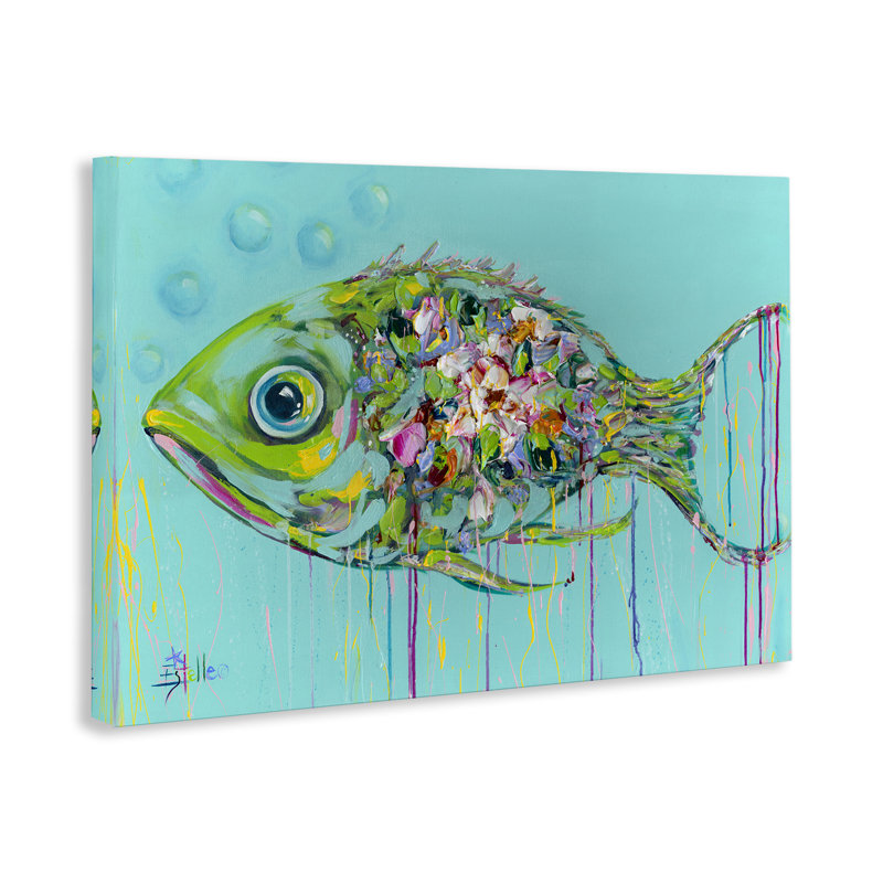  «Painterly Drip Fish», art mural sur toile par Estelle Grengs, H 30 po x l 45 po