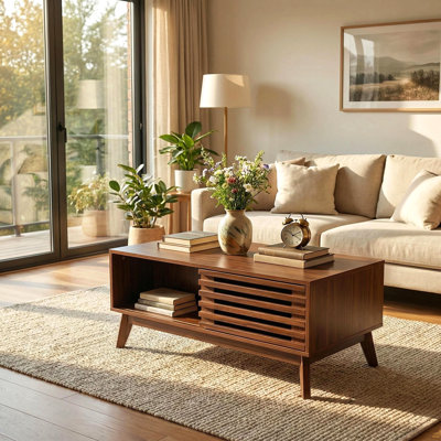 Table basse à plateau relevable avec rangement, table basse moderne Mid-Century avec porte coulissante à lattes et compartiment caché, table basse de 35,4 po avec plateau relevable, tables basses de salon, noyer