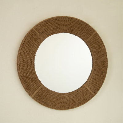 24'' Breeza Mirror, Hemp Hand-Woven Artistry Wall Hanging Circle Bamboo Mirror, Earth Yellow, Suitable For Bathroom, Bedroom, Living Room, Entryway, Etc.