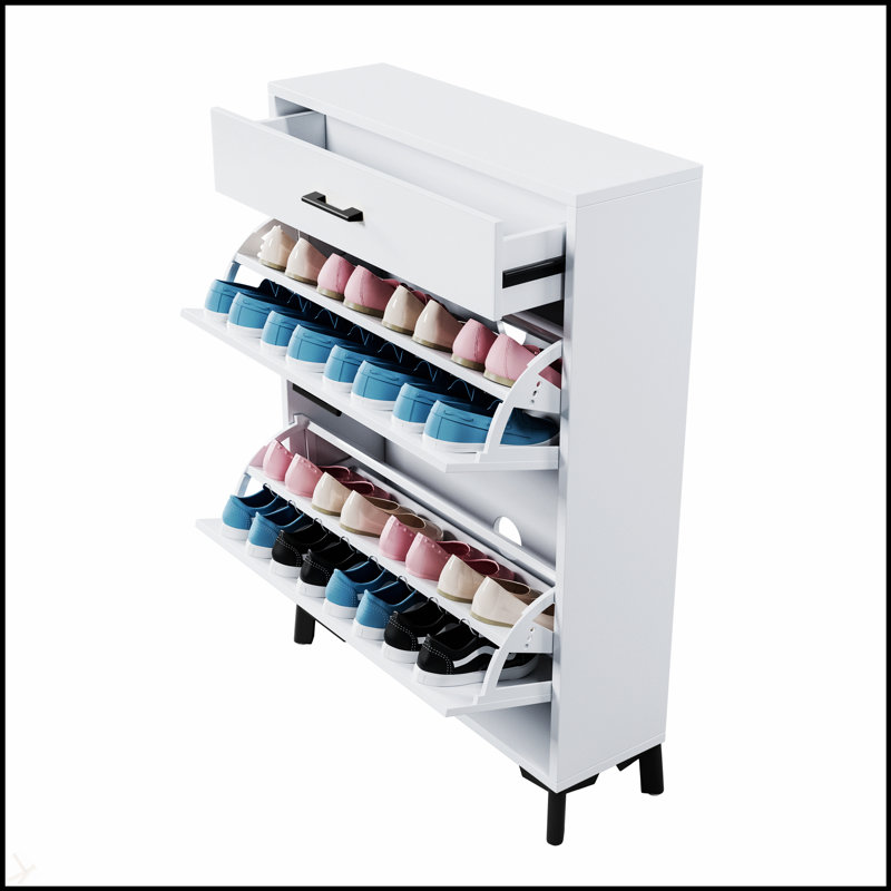 Free Standing Shoe Storage Cabinet With 2 Flip Drawers, Ideal For Entryway And Maximized Space Efficiency, White/Black