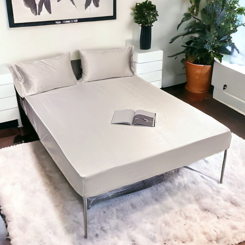 Satin Fitted Sheet, King Fitted Sheet with 2 Pillowcases, White