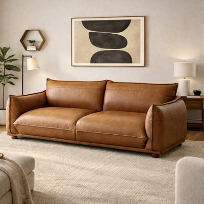 Hollywood Mid-Century Modern Real Leather Sofa with Vintage Look