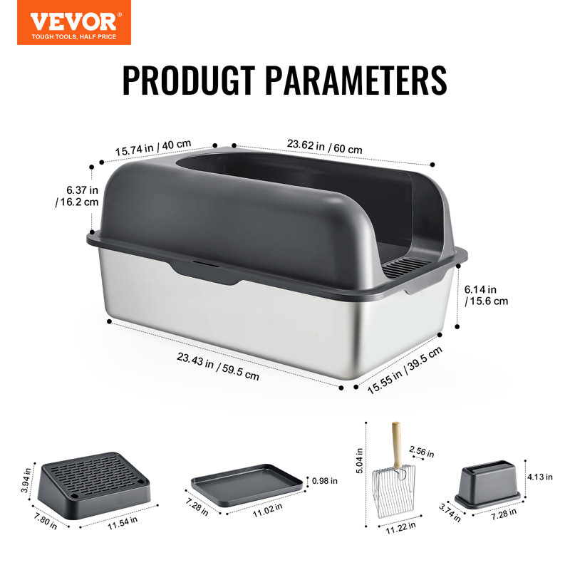 Extra Large Dark Gray Stainless Steel Covered Cat Litter Box with Scoop