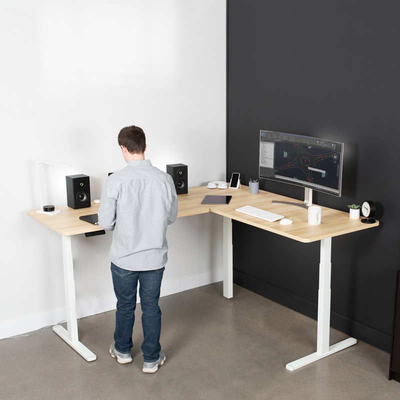 Electric Adjustable Corner Desk in Light Wood & White, 77" x 71"