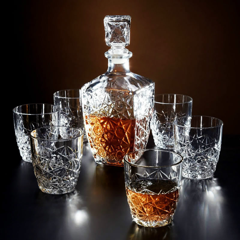 Victorian Cut Glass Whiskey Decanter Set with Six Glasses